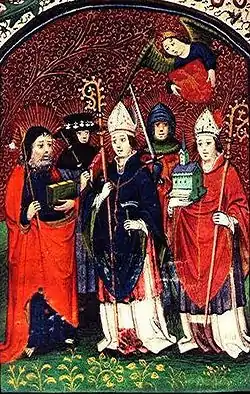 Image 9Dutch Book of Prayers from the mid-fifteenth century showing a group of five saints, with their emblems: Saint James the Great (wearing a pilgrim's hat); Saint Joseph; Saint Ghislain (holding a church); Saint Eligius (bishop with a crosier, holding a hammer); Saint Hermes (with the armor and the sword) (from Saint symbolism)