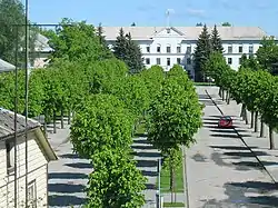 Aerial view of Šakiai, featuring the town hall