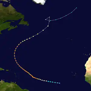 Map plotting the track and the intensity of the storm, according to the Saffir–Simpson scale