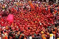 Color Drenched people in Krishna Temple