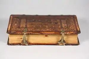 Image 34Sammelband of three alchemical treatises, bound in Strasbourg by Samuel Emmel c. 1568, showing metal clasps and leather covering of boards (from Bookbinding)