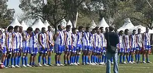 Samoa lines up for the national anthem before taking on Japan in round 2