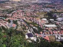 An overhead picture of a city.