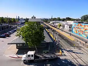 Overhead view of a suburban railroad station