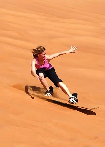 Image 16SandboardingPhoto: Steven J. Weber/US NavySandboarding is a boardsport similar to snowboarding, but competitions take place on sand dunes rather than snow-covered mountains. Here, a member of the US Navy sandboards down a dune in Jebel Ali, Dubai.More selected pictures