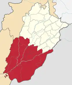 Map of proposed South Punjab (Red) in Punjab. The map is made up of Multan Division, Bahawalpur Division and Dera Ghazi Khan Division.