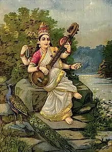 Oil painting showing Saraswati