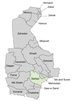 Location of Sarbaz County in Sistan and Baluchestan province