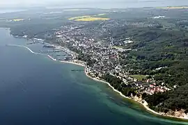 Sassnitz aerial view (2011), the famous chalk cliffs of the Jasmund National Park to the right. More aerial photos