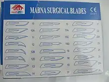 An image showing some of the more common scalpel blades used for surgery