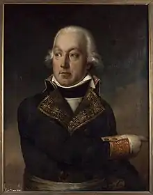 Painting shows a man wearing an 18th century wig and a dark military uniform with lace on the lapels and cuffs.