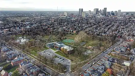 The park and its shelterhouse beside German Village and Downtown Columbus