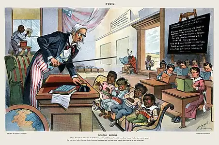 Image 21899 cartoon showing Uncle Sam lecturing four children labeled Philippines, Hawaii, Puerto Rico, and Cuba. The caption reads: "School Begins. Uncle Sam (to his new class in Civilization)!" (from Political cartoon)