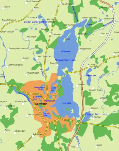 Map of Schwerin and its lakes, most dominantly the Lake Schwerin with its inner and outer lake area