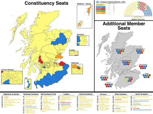 A map showing the constituency winners of the Election by their party colours.