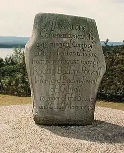 Image 20Commemorative stone marking the site of the first Scout encampment at Brownsea Island, England, held Aug 1-9, 1907 by Robert Baden-Powell