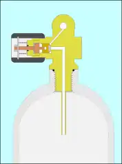 Cut-away section through a scuba cylinder valve mounted in a cylinder, showing the air passages and working parts