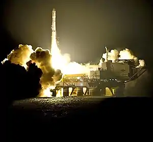 An evening launch of a Zenit-3SL rocket from the Sea Launch platform Odyssey.