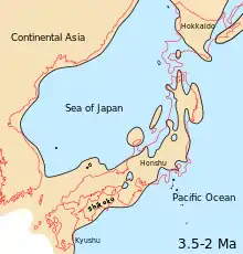 Japanese archipelago, Sea of Japan and surrounding part of continental East Asia in Middle Pliocene to Late Pliocene (3.5-2 Ma)