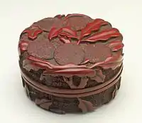 Yinni He (Seal Paste Box) with Litchi Stems, 7.5 cm wide, Middle Ming, 1450–1500. Brocade-ground patterns are used both for the background and on the fruit.