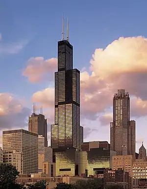 Image 12The Willis Tower (formerly the Sears Tower), the world's tallest building from 1973 to 2004. The tower's innovative bundled tube structure was designed by Bruce Graham and Fazlur Khan. Photo credit: Soakologist (from Portal:Illinois/Selected picture)