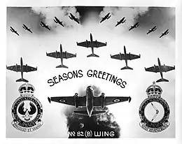 Card featuring sixteen images of twin-engined jet aircraft, along with two military crests and the word "Seasons Greetings" and "No. 82 (B) Wing)"