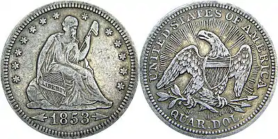 1853 Seated Liberty silver quarter, with its distinct arrows and rays.