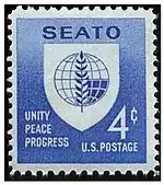 A picture of a U.S. postage stamp bearing the SEATO emblem