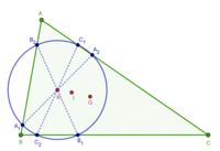 Second Lemoine Circle of triangle ABC. The Lemoine point K, the incenter I, the centroid G and the lines through K antiparrallel to the sides are also shown.