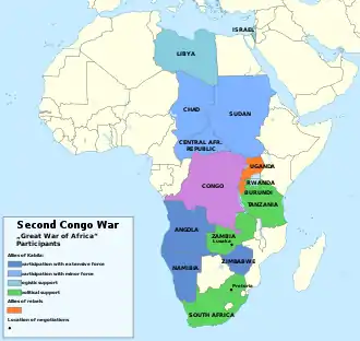 color map of African countries showing Uganda Rwanda and Burundi backing rebels against Kabila