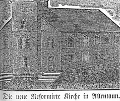 Woodcut of the Second Zion's Reformed United Church of Christ in Allentown, Pennsylvania. This illustrated the church that was erected in 1773 and was the hiding place for the Liberty Bell during the winter of 1777–1778