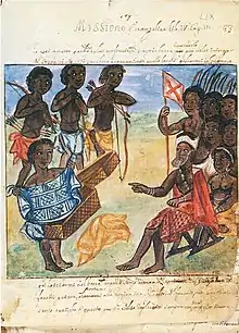 Scene of fiber textile trade in 1650s Angola, with Lusona depicted on the blue scarf on the left.