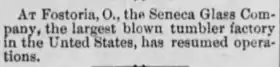 short September 1893 newspaper article saying Seneca Glass has resumed operations