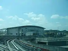 Light Rail Depot section of Sengkang Depot. The Light Rail rolling stocks are parked at the top level of the building.