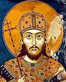 A fresco of Serbian Emperor Stefan Dušan holding the patriarchal cross in the manner of a Byzantine Emperor.