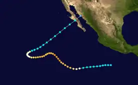 Track map plotting the path of Hurricane Sergio across the Eastern Pacific Ocean from September 29 – October 12