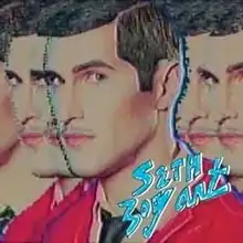 A portrait of Seth Bogart with duplicates behind him and blue text displaying the album name in front of him.