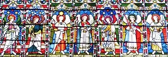 Seven Archangels as given by Pseudo-Dionysius depicted in the stained glass window at St Michael's Church, Brighton.