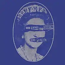 An monochrome image in blue of Queen Elizabeth II with her eyes and lips blacked out, reading out the title of the single and the band's name respectively.