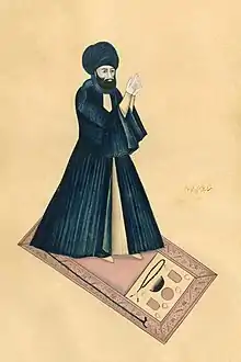 a drawing of Mohammad Bagher Shafti while in namaz (praying)