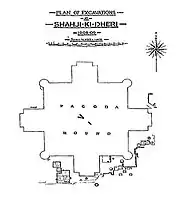 Ground plan of the second stupa, of a cruxiform shape. The central square plinth is 175 feet (53 m) wide, the full width, including the stairs is 272 feet (83 m).