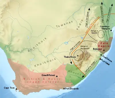 Image 28The rise of the Zulu Empire   under Shaka forced other chiefdoms and clans to flee across a wide area of southern Africa.  Clans fleeing the Zulu war zone   included the Soshangane, Zwangendaba, Ndebele, Hlubi, Ngwane, and the Mfengu.  Some clans were caught between the Zulu Empire and advancing Voortrekkers and British Empire   such as the Xhosa  . (from History of South Africa)