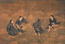 Four Transcendents waving to the Longevity God, (left to right) Shide, Hanshan, Iron-Crutch Li, and Liu Haichan on a toad, (c. 15th century) scroll by Shang Xi, National Palace Museum