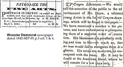 1842 Wooster Democrat newspaper ad by S. W. Shaw to execute portraits in crayon.