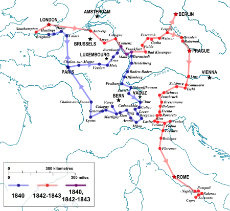 Map showing routes of Shelley's European trips. 1840 trip begins in Brighton, proceeds to Dover, crosses the Channel to Calais, proceeds south to Paris, east Metz, north to Coblenz, east to Frankfurt, south to Freiburg, south to Milan, west to Lyons, and north to Paris and Calais. 1842–43 trip begins in Southampton, proceeds to London, crosses the Channel to Antwerp, proceeds southeast to Frankfurt, northeast to Berlin, south to Prague, Salzburg, Padua, Rome, and Naples.