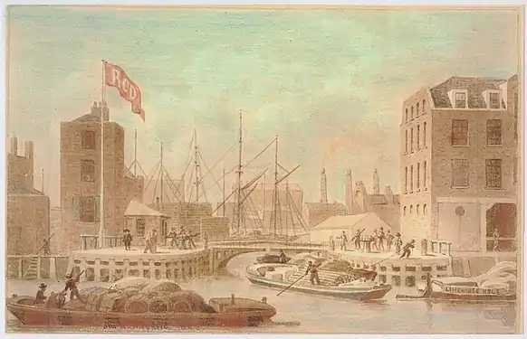 Artist's impression of Thames entrance, 1826 with its capstan-operated swing-bridge