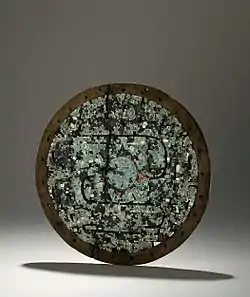 Ceremonial māhuizzoh Chīmalli (shield) with mosaic decoration. Aztec or Mixtec, AD 1400-1521. In the British Museum