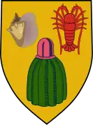 Detailed view of the shield, with queen conch shell, Caribbean spiny lobster and Turk's cap cactus