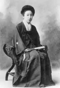 Shimoda Utako, women's activist, educator and dress reform advocate, in hakama.