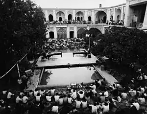 Stockhausen's Mantra on 2 September 1972, Aloys and Alfons Kontarsky, pianos, electronics by the composer (foreground)